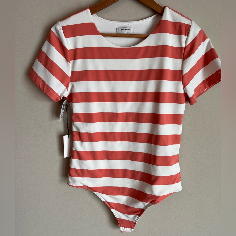 Babaton NWT Women's Stripe Short Sleeve Contour Crewneck Bodysuit Size Large